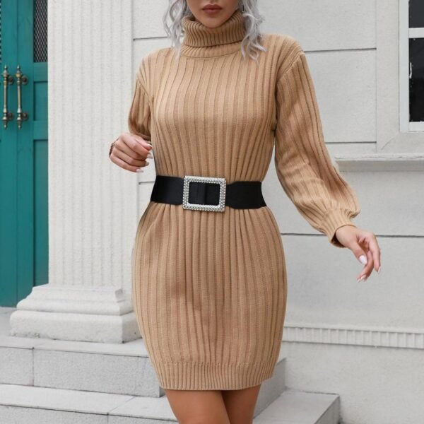 Women Casual High Neck Dress Fall Winter Solid Color Fashion Turtleneck Long Sleeve Sweater Knitwear Elegant Dress