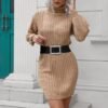 Women Casual High Neck Dress Fall Winter Solid Color Fashion Turtleneck Long Sleeve Sweater Knitwear Elegant Dress