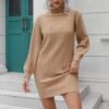 Women Casual High Neck Dress Fall Winter Solid Color Fashion Turtleneck Long Sleeve Sweater Knitwear Elegant Dress