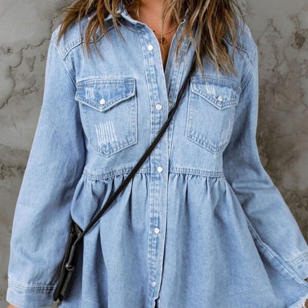 Women's Casual Long Sleeve Denim Button Down Shirt, Ruffled-Hem Denim Jacket