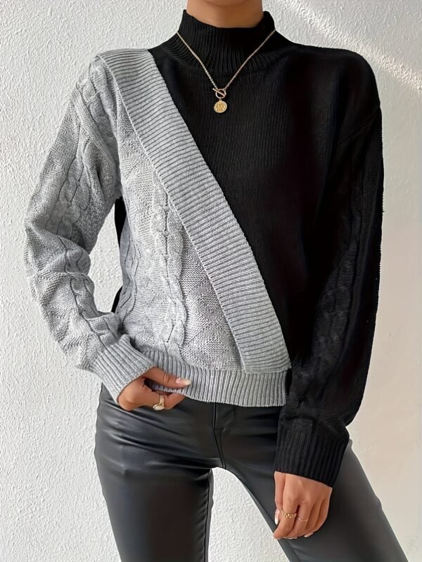 Color Block Mock Neck Pullover Sweater, Casual Long Sleeve Drop Shoulder Sweater, Women's Clothing