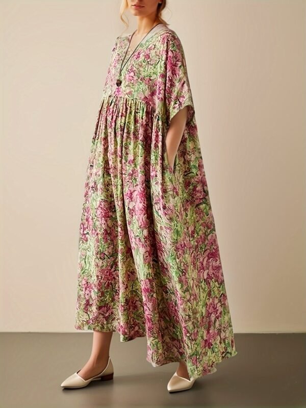 Plus Size Floral Print Ruched Loose Dress, Casual Short Sleeve Dress For Spring & Summer, Women's Plus Size Clothing