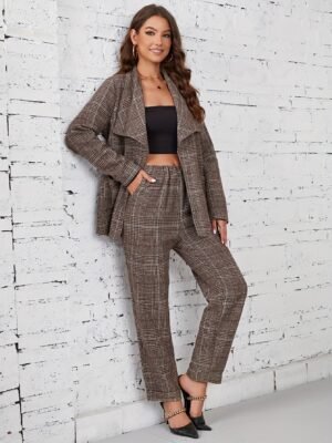 836fa432721210bf57ec558ebd1b1aeb-1.jpg Plaid Pattern Elegant Two-piece Set, Long Sleeve Open Front Tops & Wide Leg Pants Outfits, Women's Clothing