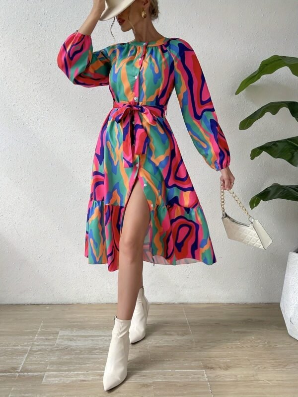 Abstract Print Crew Neck Dress, Elegant Long Sleeve Belted Dress For Spring & Fall, Women's Clothing