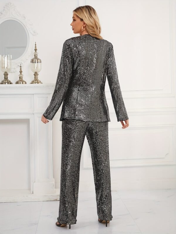 Sequin Decor Two-piece Set, Collarless Long Sleeve Blazer & High Waist Pants Outfits, Women's Clothing