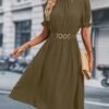 Chain Belted Puff Sleeve Dress, Elegant Summer Mock Neck Knee Length Dress For Spring & Summer, Women's Clothing