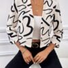 Allover Print Open Front Jacket, Elegant 3/4 Sleeve Crop Fitted Jacket, Women's Clothing