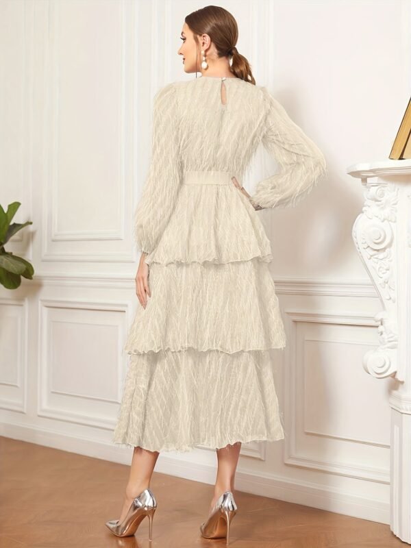 Raw Trim Waist Layer Ruffle Dress, Elegant Puff Long Sleeve Crew Neck Dress, Women's Clothing Wedding graduation engagement occasion ceremony party holiday vacation birthday