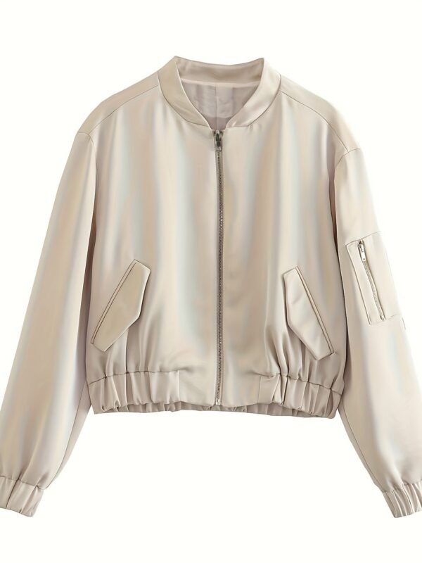 Solid Color Zipper Front Slim Coat, Casual Long Sleeve Coat For Spring & Fall, Women's Clothing