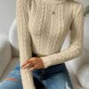 Solid Turtle Neck Cable Knit Sweater, Casual Long Sleeve Slim Sweater, Women's Clothing