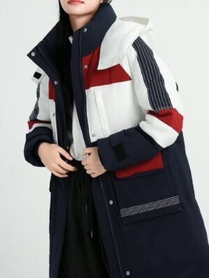 877c4dbb1f917ff8cdad126ba94fb258-1.jpg Color Block Hooded Down Jacket, Casual Stand Collar Long Sleeve Winter Warm Outerwear, Women's Clothing