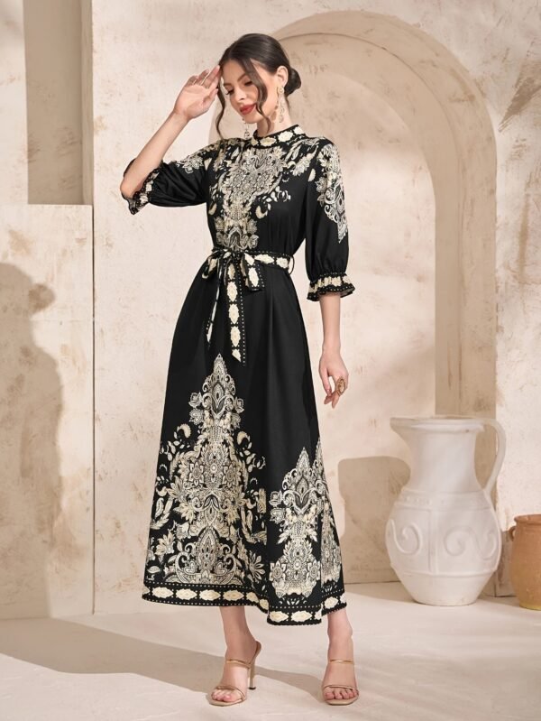 Paisley Print Crew Neck Dress, Elegant Tie Waist Ankle Length Half Sleeve Dress For Spring & Summer, Women's Clothing