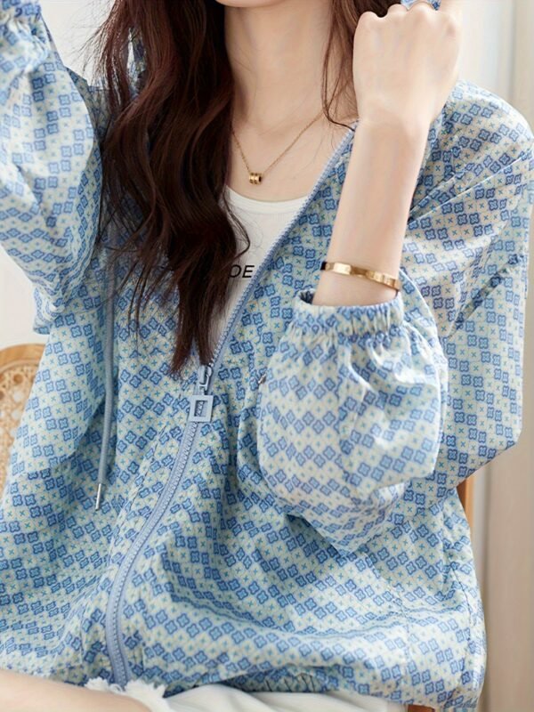 Allover Print Zipper Front Jacket, Casual Long Sleeve Drawstring Hooded Outwear For Spring & Fall, Women's Clothing