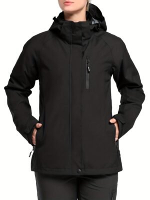 Solid Color Thermal Windproof Hooded Jacket, Zipper Pocket Waterproof Warm Jacket Coat For Fall & Winter, Women's Clothing