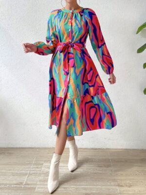 89a93767fb03ec92db49596346b55b12-1.jpg Abstract Print Crew Neck Dress, Elegant Long Sleeve Belted Dress For Spring & Fall, Women's Clothing