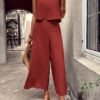 Solid Color Elegant Pantsuits Set, Crew Neck Tak Top & Wide Leg Pants Outits, Women's Clothing