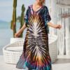 Plus Size Vacay Dress, Women's Plus Leaf Print Bat Sleeve V Neck Split Hem Cover Up Maxi Dress