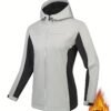 Color Block Hooded Punch Jacket, Casual Waterproof Windproof Jacket, Fleece Warm Hooded Ski Coat, Women's Outdoor Clothing