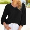 Solid V Neck Pointelle Knit Sweater, Casual 3/4 Sleeve Loose Sweater, Women's Clothing