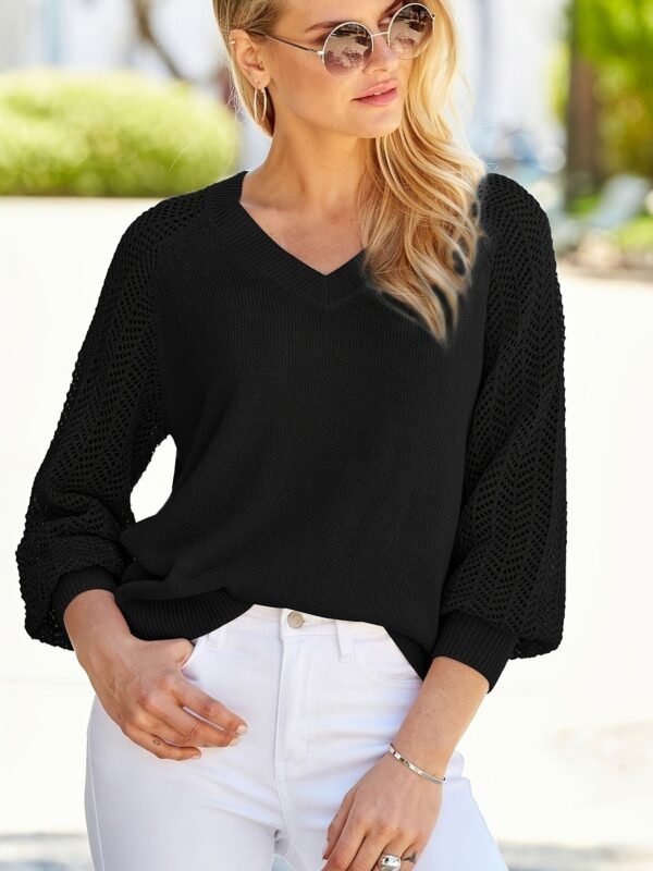 Solid V Neck Pointelle Knit Sweater, Casual 3/4 Sleeve Loose Sweater, Women's Clothing