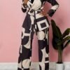 Business Casual Geo Print Two-piece Set, Notched Collar Tie-waist Blazer & Wide Leg Pants Outfits, Women's Clothing