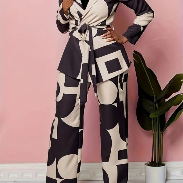 Business Casual Geo Print Two-piece Set, Notched Collar Tie-waist Blazer & Wide Leg Pants Outfits, Women's Clothing