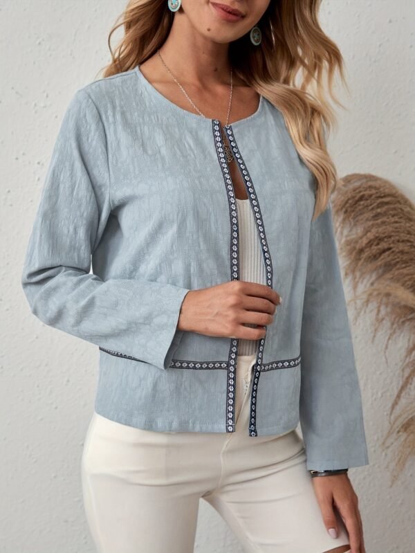 Contrast Trim Open Front Jacket, Casual Long Sleeve Crew Neck Cotton Jacket, Women's Clothing