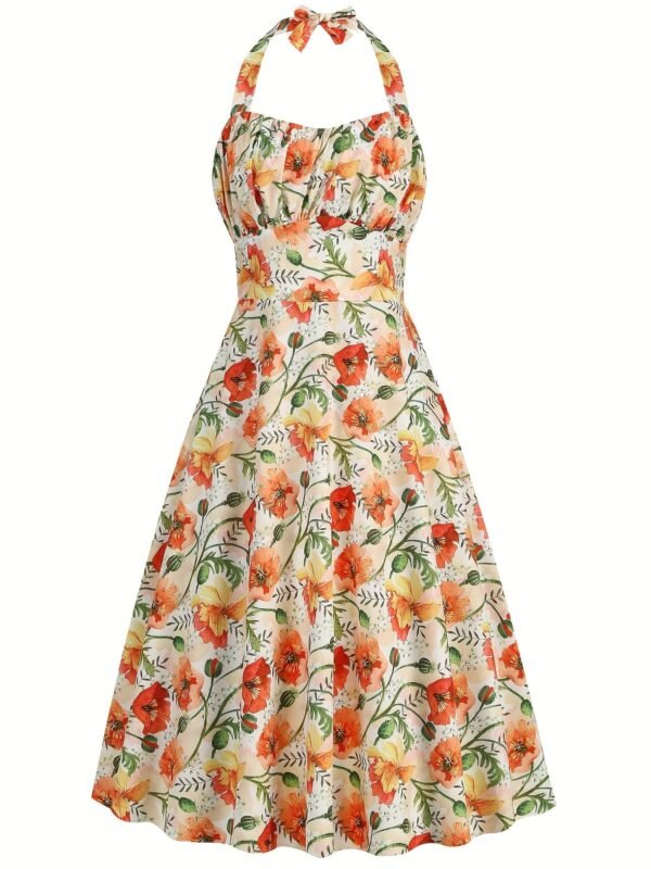 Floral Print Wide Strap Dress, Vacation Style Sleeveless Ruched Bust A-line Dress For Spring & Summer, Women's Clothing