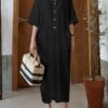 Solid Color Button Coverup Dress, Casual V Neck Half Sleeve Loose Midi Dress With Pocket, Women's Clothing