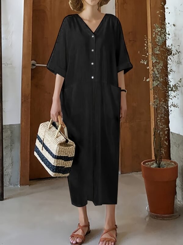 Solid Color Button Coverup Dress, Casual V Neck Half Sleeve Loose Midi Dress With Pocket, Women's Clothing
