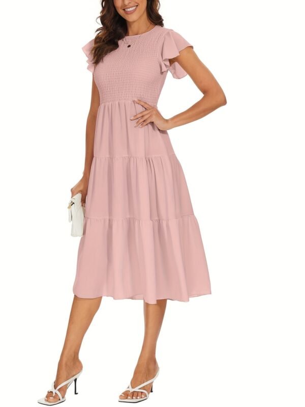 Solid Color Shirred Midi Dress, Elegant Flutter Sleeve Ruffle Hem Dress For Spring & Summer, Women's Clothing