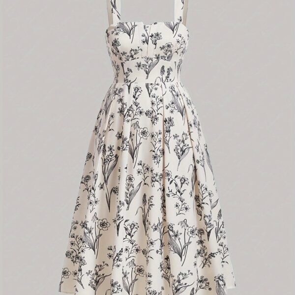 Plus Size Floral Print Cinched Waist Tank Dress, Boho Shirred Back Sleeveless Square Neck Swing Dress For Spring & Summer, Women's Plus Size Clothing