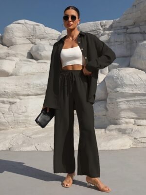 Solid Color Casual Pantsuits, Single-breasted Long Sleeve Collared Blouse & Tie Elastic Waist Pants Outfits, Women's Clothing