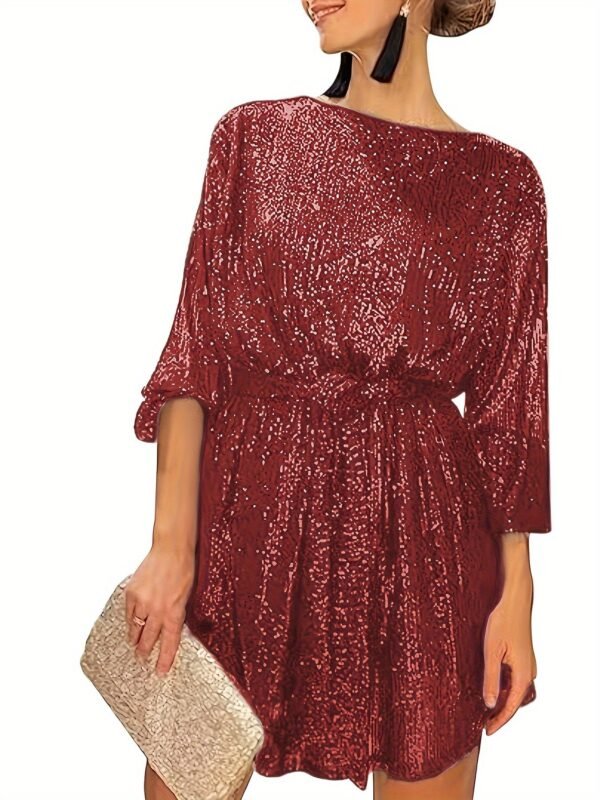 Sequined Tie Waist Dress, Elegant Solid Dress For Club & Party, Women's Clothing