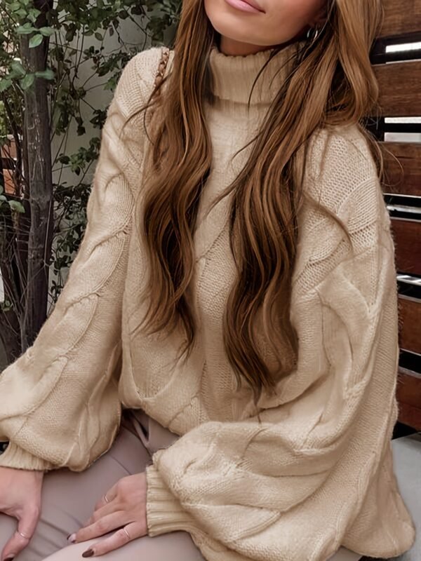 Twist Pattern Turtle Neck Pullover Sweater, Casual Lantern Sleeve Loose Sweater For Fall & Winter, Women's Clothing