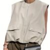Zipper Loose Solid Vest Jacket, Casual Sleeveless Jacket For Spring & Summer, Women's Clothing