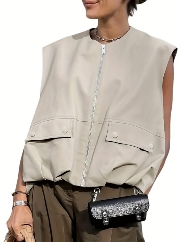 Zipper Loose Solid Vest Jacket, Casual Sleeveless Jacket For Spring & Summer, Women's Clothing