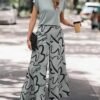 Striped Print Casual Pantsuits, Solid Crew Neck Short Sleeve T-shirt & Wide Leg Pants Outfits For Spring & Summer, Women's Clothing