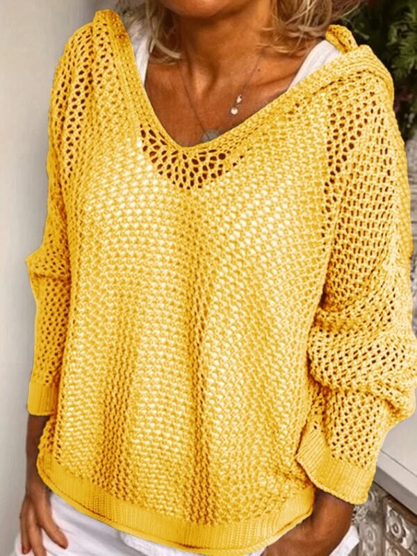 Solid Color Hooded Pullover Sweater, Casual Long Sleeve Cut Out Knitted Sweater For Spring & Summer, Women's Clothing