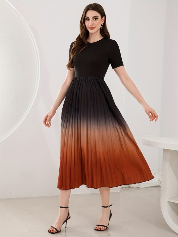 Ombre Crew Neck Pleated Dress, Elegant Short Sleeve A-line Swing Dress For Spring & Summer, Women's Clothing