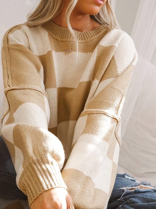 Plaid Pattern Knit Sweater, Casual Long Sleeve Drop Shoulder Pullover Sweater, Women's Clothing