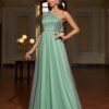 Sequin One Shoulder Contrast Mesh Dress, Elegant Sleeveless Floor Length Formal Dress For Party & Banquet, Women's Clothing For Party Dressing