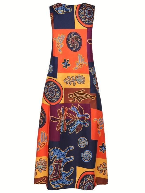 Ethnic Print V Neck Dress, Vintage Sleeveless Summer Maxi Dress With Pockets, Women's Clothing