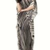 Plus Size Striped Notched Neck Coverup Dress, Vacation Batwing Sleeve Maxi Dress For Beachwear, Women's Clothing