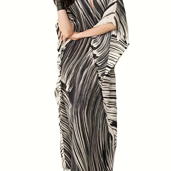 Plus Size Striped Notched Neck Coverup Dress, Vacation Batwing Sleeve Maxi Dress For Beachwear, Women's Clothing