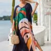 Plus Size Vacay Dress, Women's Plus Leaf Print Bat Sleeve V Neck Split Hem Cover Up Maxi Dress