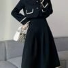 Elegant Button Front Contrast Trim Skirt Set, Long Sleeve Jacket & Pleated Midi Skirt Outfits, Women's Clothing