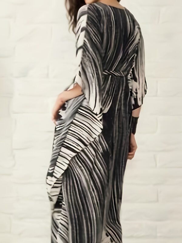 Plus Size Striped Notched Neck Coverup Dress, Vacation Batwing Sleeve Maxi Dress For Beachwear, Women's Clothing