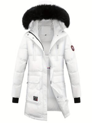 Women's Winter Puffer Jacket, Faux Fur Collar Hooded Coat, Zip-up Snap Button Windproof Thermal Casual Jacket