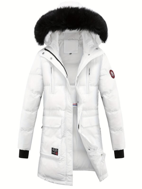 Women's Winter Puffer Jacket, Faux Fur Collar Hooded Coat, Zip-up Snap Button Windproof Thermal Casual Jacket